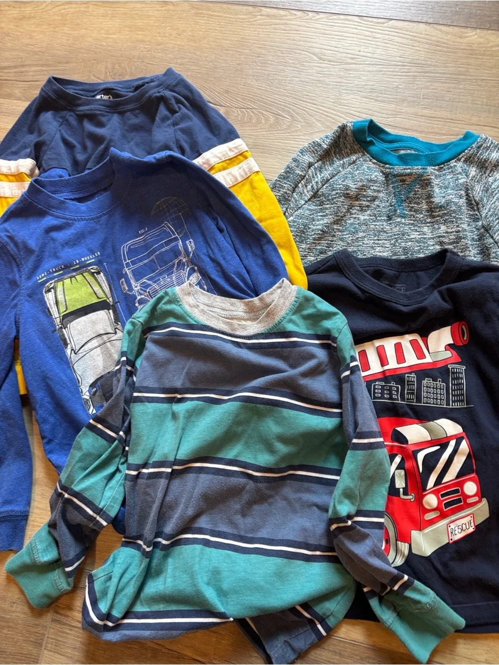Kids Long-Sleeve Stripe & Graphic Shirt Bundle - Blue, Teal, Navy (5!)